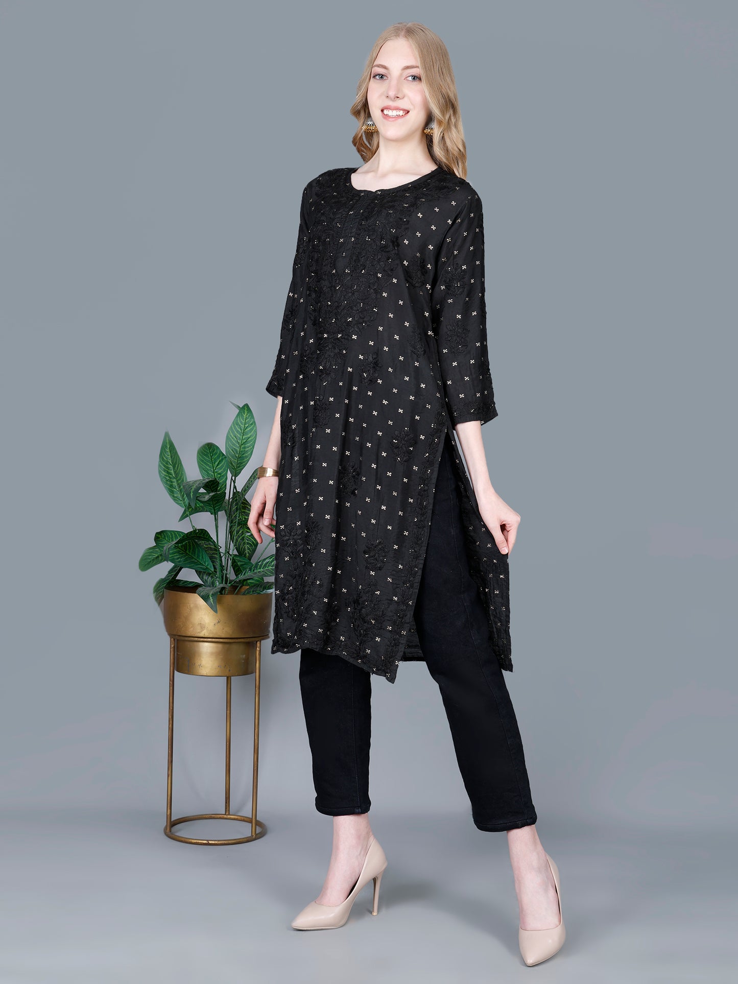 The Chikankari Story Women’s Lucknowi Hand-Embroidered Chanderi Long Kurti  – Available in Red, Yellow, Brick,Blue, Purple, Black & Peach.