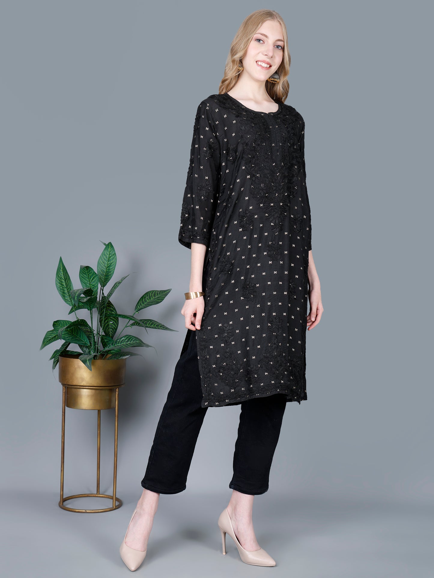 The Chikankari Story Women’s Lucknowi Hand-Embroidered Chanderi Long Kurti  – Available in Red, Yellow, Brick,Blue, Purple, Black & Peach.