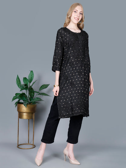 The Chikankari Story Women’s Lucknowi Hand-Embroidered Chanderi Long Kurti  – Available in Red, Yellow, Brick,Blue, Purple, Black & Peach.