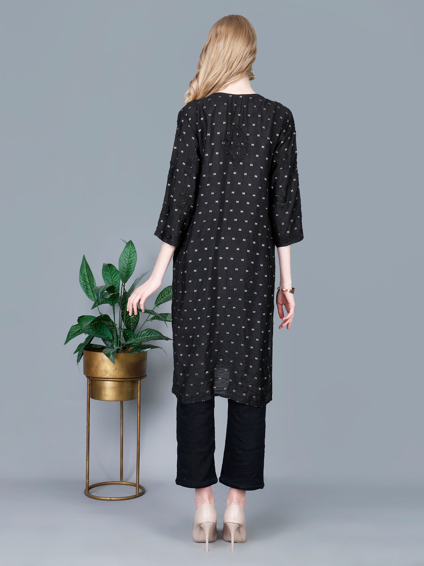 The Chikankari Story Women’s Lucknowi Hand-Embroidered Chanderi Long Kurti  – Available in Red, Yellow, Brick,Blue, Purple, Black & Peach.