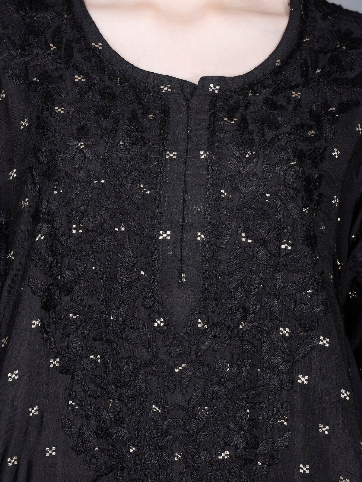 The Chikankari Story Women’s Lucknowi Hand-Embroidered Chanderi Long Kurti  – Available in Red, Yellow, Brick,Blue, Purple, Black & Peach.