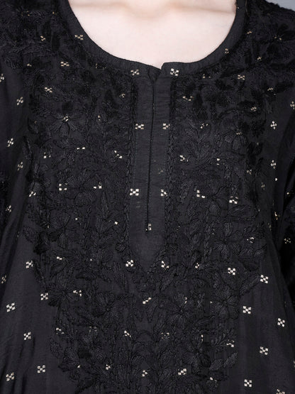 The Chikankari Story Women’s Lucknowi Hand-Embroidered Chanderi Long Kurti  – Available in Red, Yellow, Brick,Blue, Purple, Black & Peach.