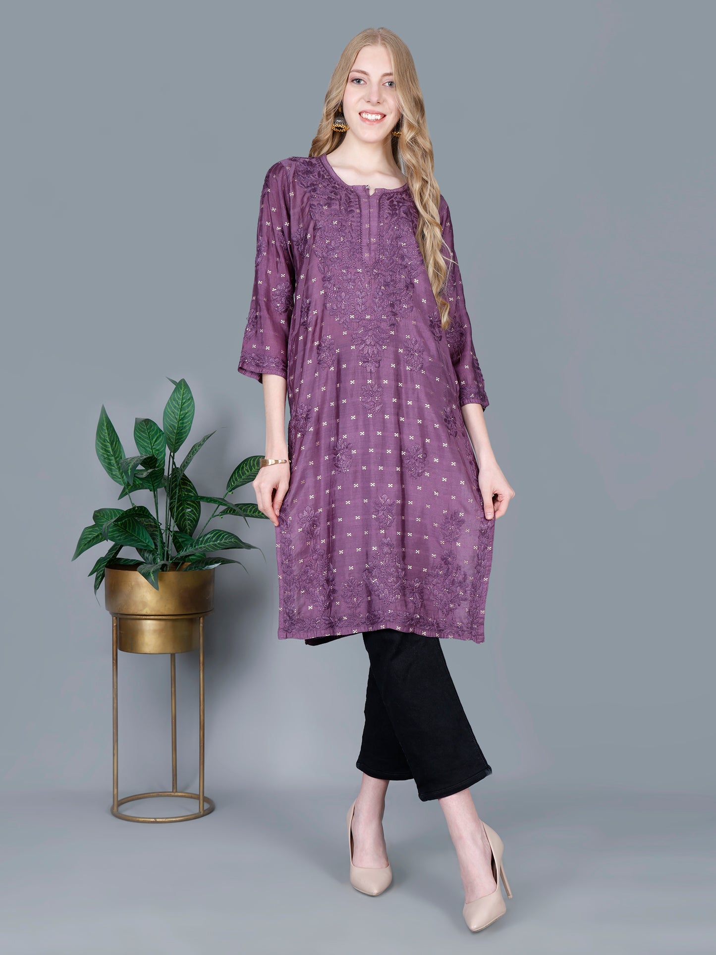 The Chikankari Story Women’s Lucknowi Hand-Embroidered Chanderi Long Kurti  – Available in Red, Yellow, Brick,Blue, Purple, Black & Peach.