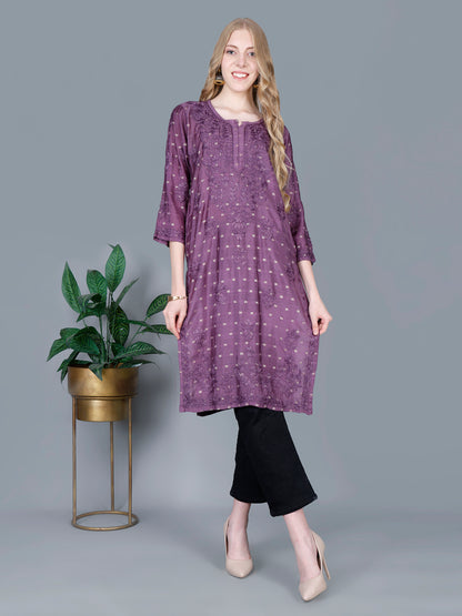 The Chikankari Story Women’s Lucknowi Hand-Embroidered Chanderi Long Kurti  – Available in Red, Yellow, Brick,Blue, Purple, Black & Peach.
