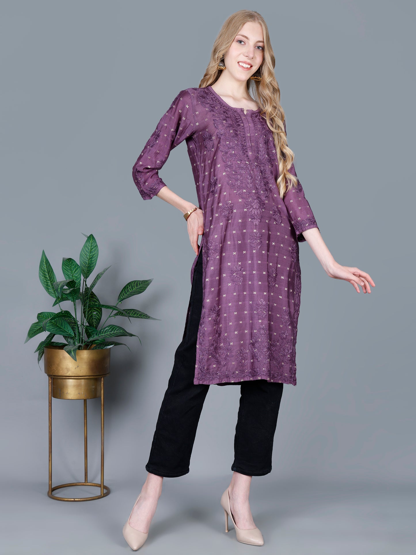 The Chikankari Story Women’s Lucknowi Hand-Embroidered Chanderi Long Kurti  – Available in Red, Yellow, Brick,Blue, Purple, Black & Peach.