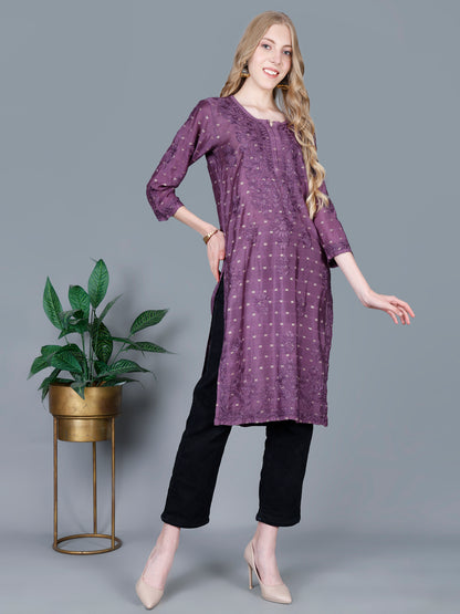 The Chikankari Story Women’s Lucknowi Hand-Embroidered Chanderi Long Kurti  – Available in Red, Yellow, Brick,Blue, Purple, Black & Peach.