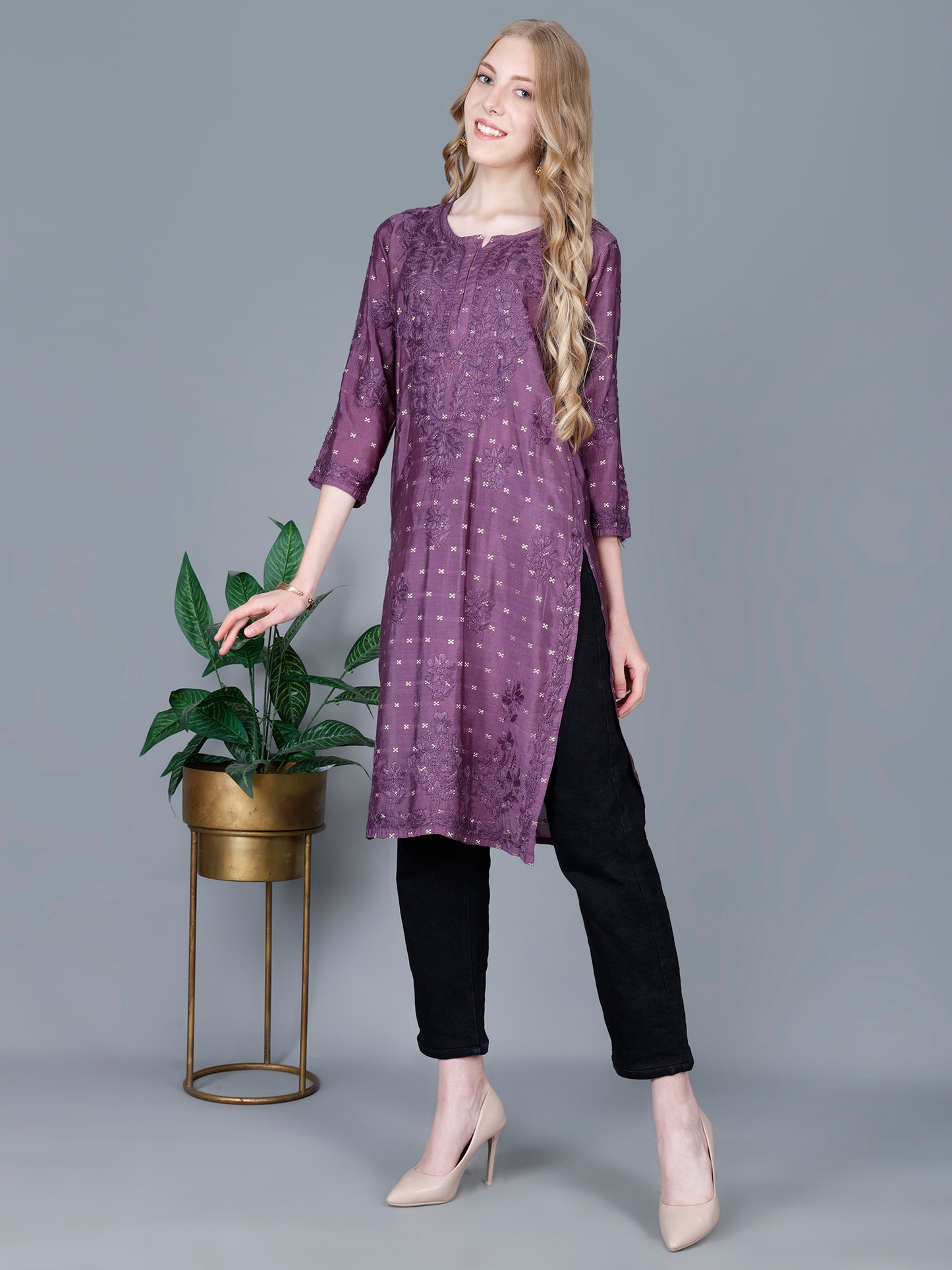 The Chikankari Story Women’s Lucknowi Hand-Embroidered Chanderi Long Kurti  – Available in Red, Yellow, Brick,Blue, Purple, Black & Peach.