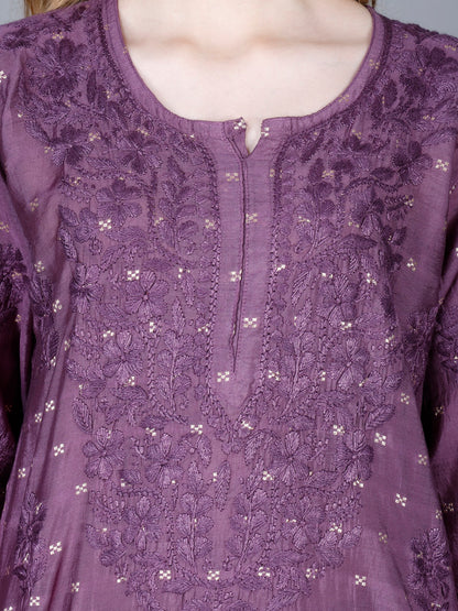 The Chikankari Story Women’s Lucknowi Hand-Embroidered Chanderi Long Kurti  – Available in Red, Yellow, Brick,Blue, Purple, Black & Peach.