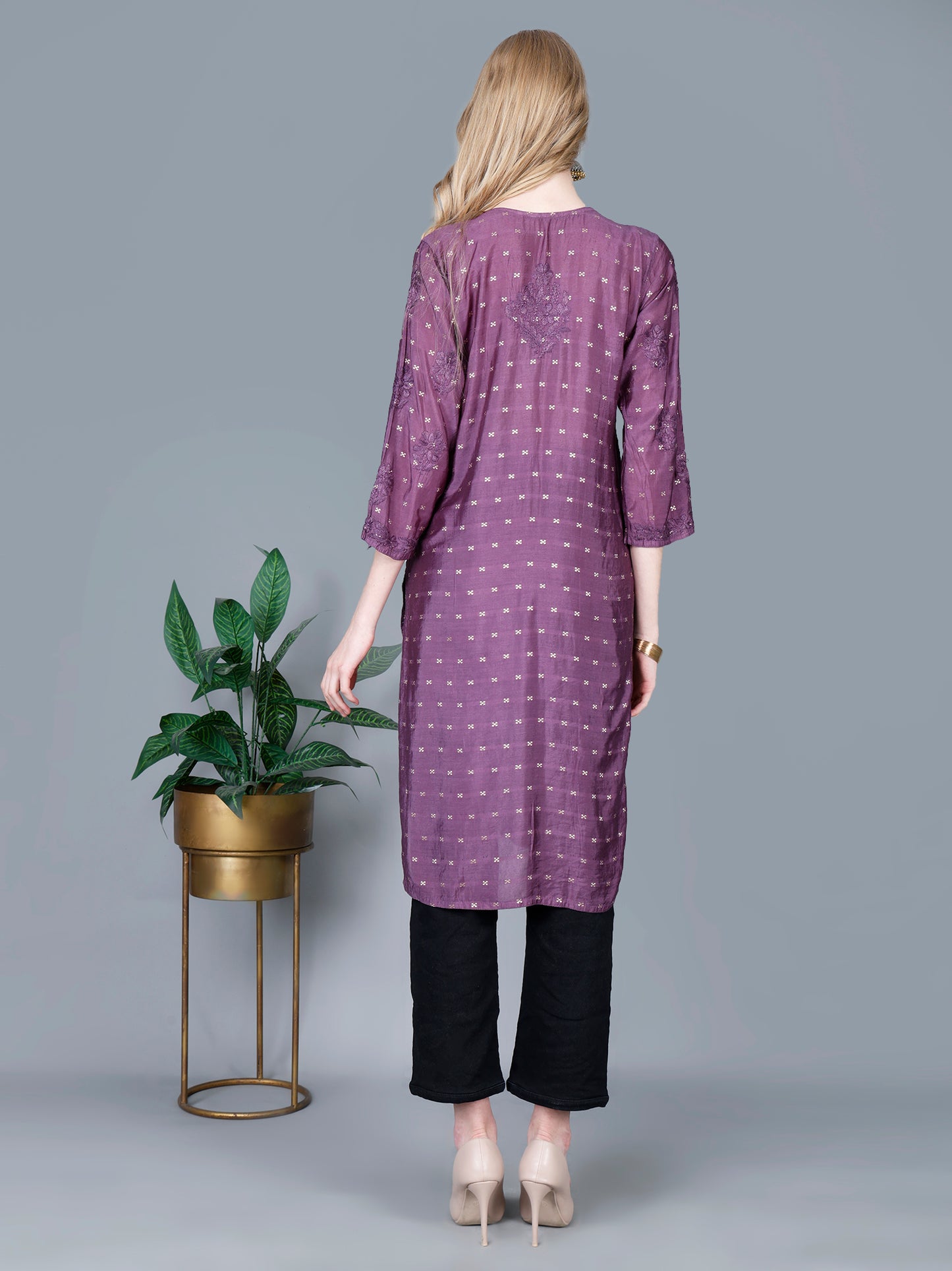 The Chikankari Story Women’s Lucknowi Hand-Embroidered Chanderi Long Kurti  – Available in Red, Yellow, Brick,Blue, Purple, Black & Peach.