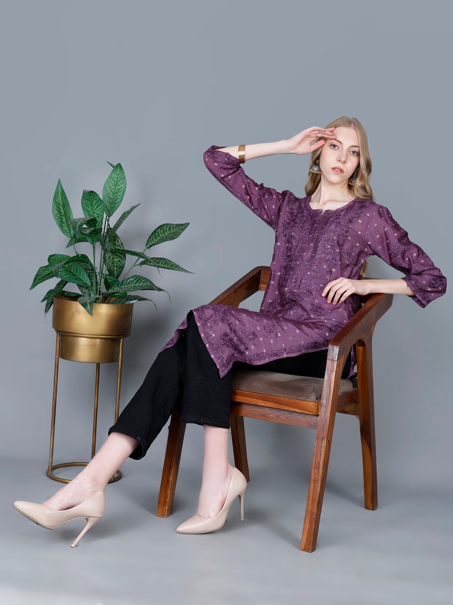 The Chikankari Story Women’s Lucknowi Hand-Embroidered Chanderi Long Kurti  – Available in Red, Yellow, Brick,Blue, Purple, Black & Peach.