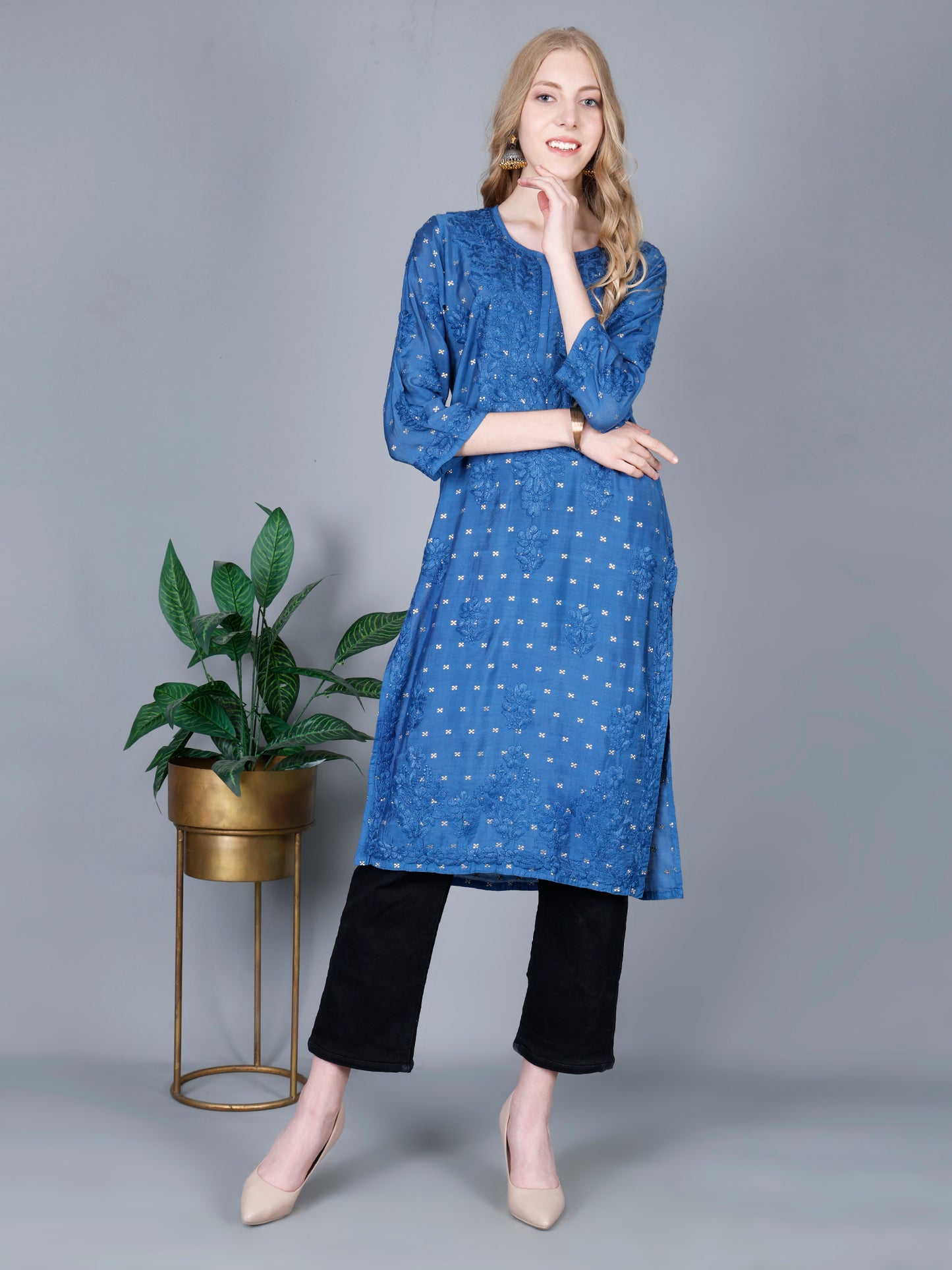 The Chikankari Story Women’s Lucknowi Hand-Embroidered Chanderi Long Kurti  – Available in Red, Yellow, Brick,Blue, Purple, Black & Peach.