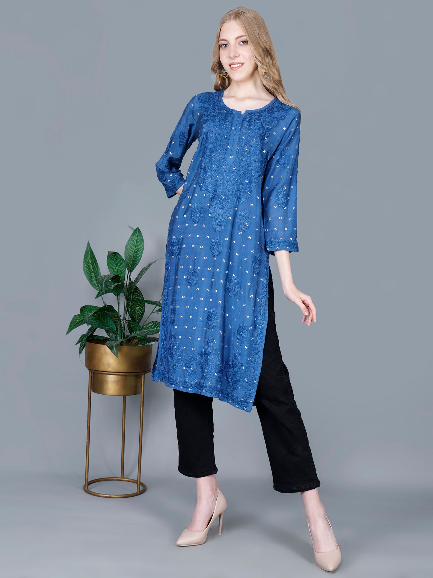 The Chikankari Story Women’s Lucknowi Hand-Embroidered Chanderi Long Kurti  – Available in Red, Yellow, Brick,Blue, Purple, Black & Peach.