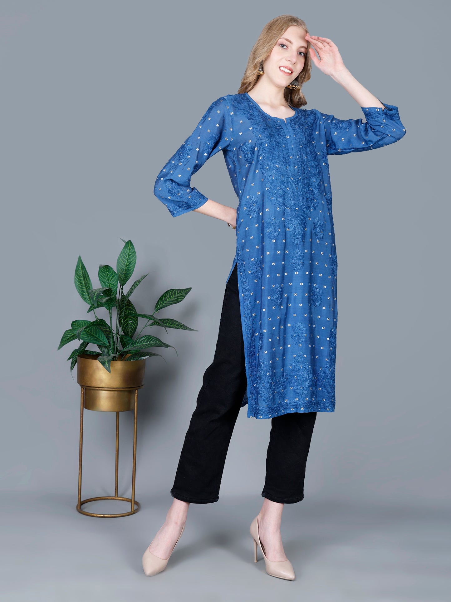 The Chikankari Story Women’s Lucknowi Hand-Embroidered Chanderi Long Kurti  – Available in Red, Yellow, Brick,Blue, Purple, Black & Peach.