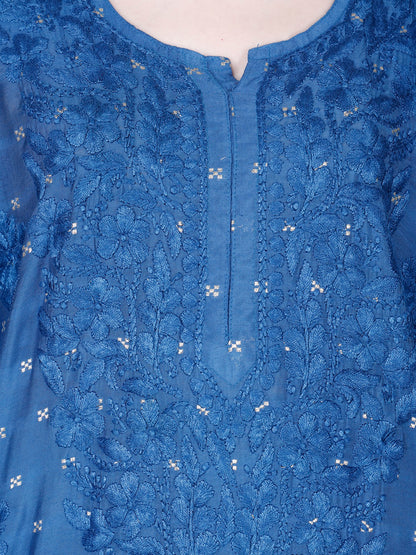 The Chikankari Story Women’s Lucknowi Hand-Embroidered Chanderi Long Kurti  – Available in Red, Yellow, Brick,Blue, Purple, Black & Peach.