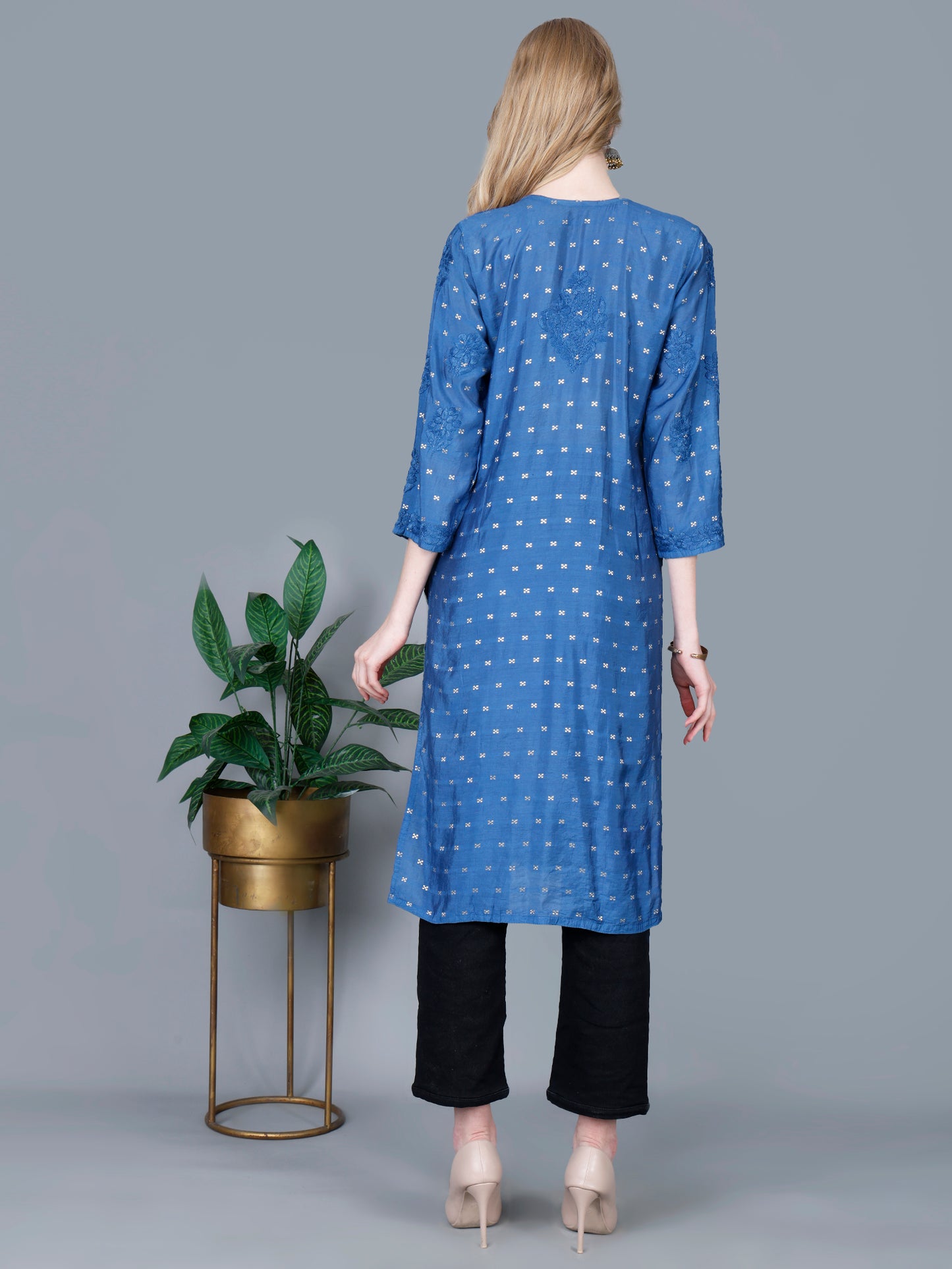 The Chikankari Story Women’s Lucknowi Hand-Embroidered Chanderi Long Kurti  – Available in Red, Yellow, Brick,Blue, Purple, Black & Peach.