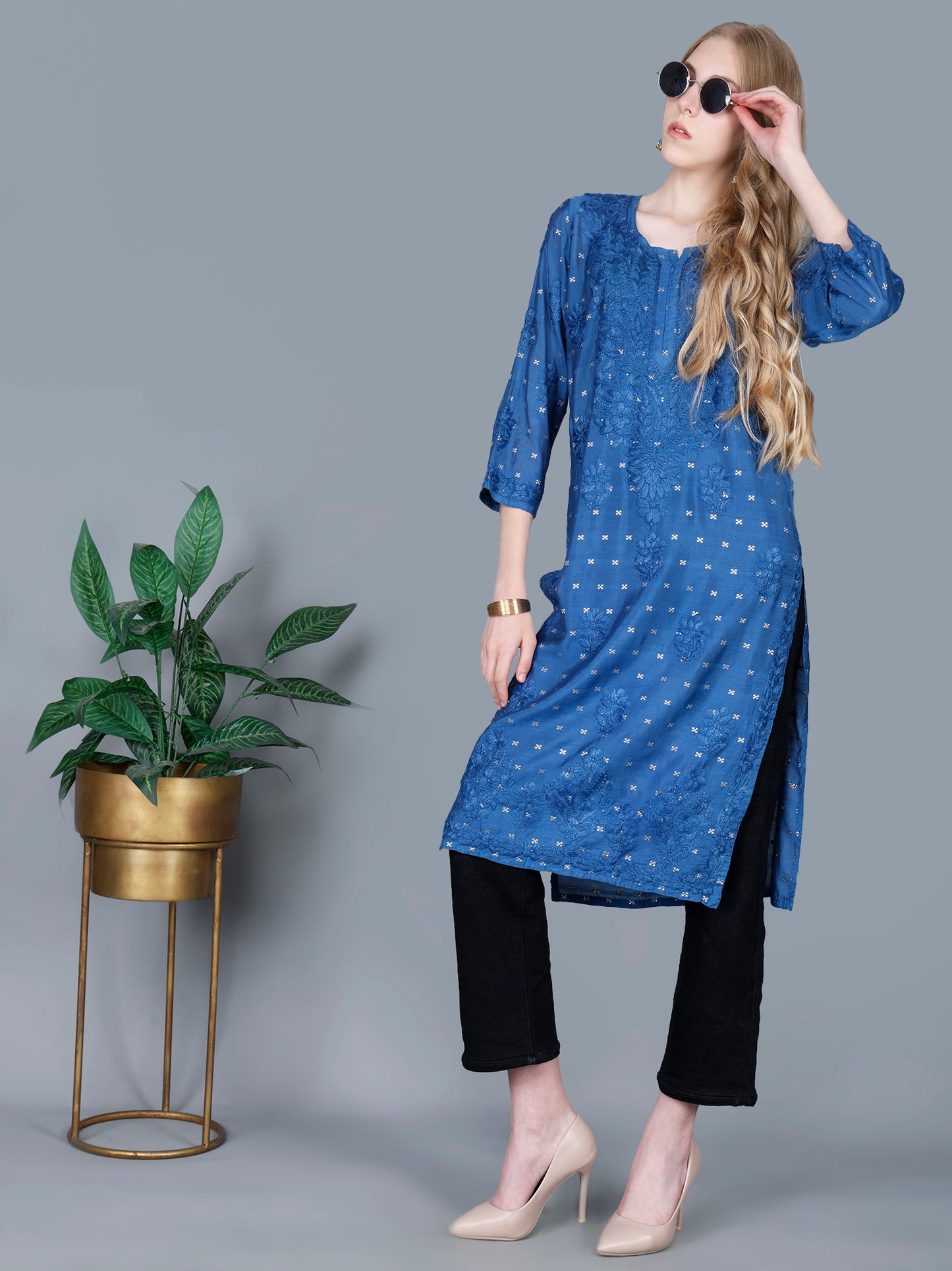 The Chikankari Story Women’s Lucknowi Hand-Embroidered Chanderi Long Kurti  – Available in Red, Yellow, Brick,Blue, Purple, Black & Peach.