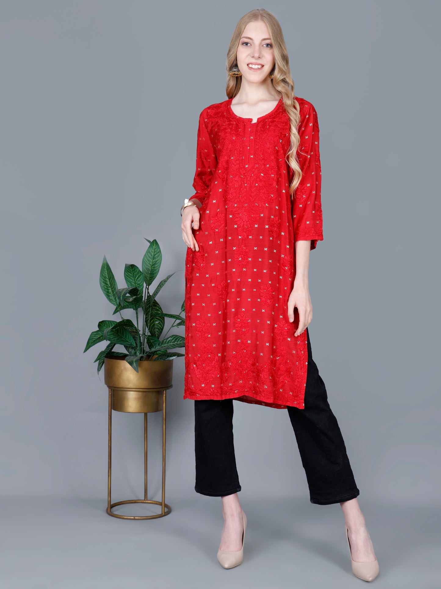 The Chikankari Story Women’s Lucknowi Hand-Embroidered Chanderi Long Kurti  – Available in Red, Yellow, Brick,Blue, Purple, Black & Peach.