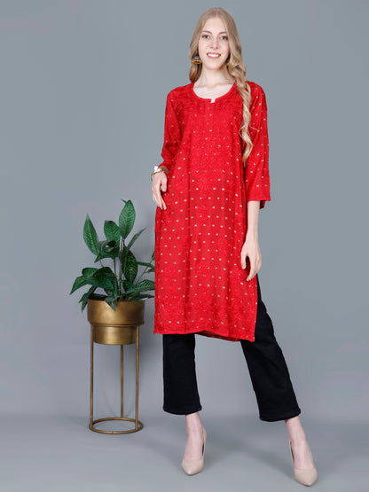 The Chikankari Story Women’s Lucknowi Hand-Embroidered Chanderi Long Kurti  – Available in Red, Yellow, Brick,Blue, Purple, Black & Peach.