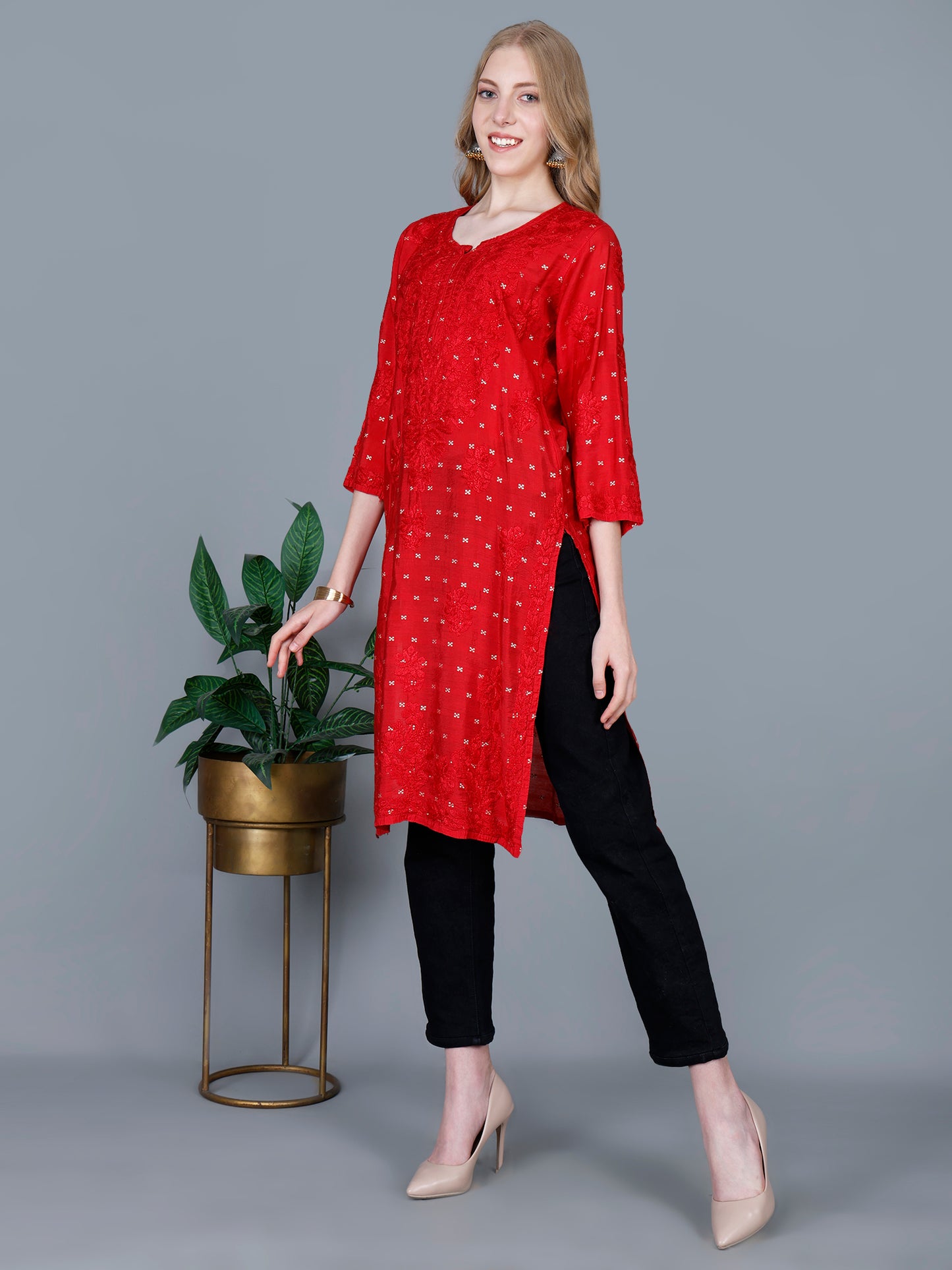 The Chikankari Story Women’s Lucknowi Hand-Embroidered Chanderi Long Kurti  – Available in Red, Yellow, Brick,Blue, Purple, Black & Peach.