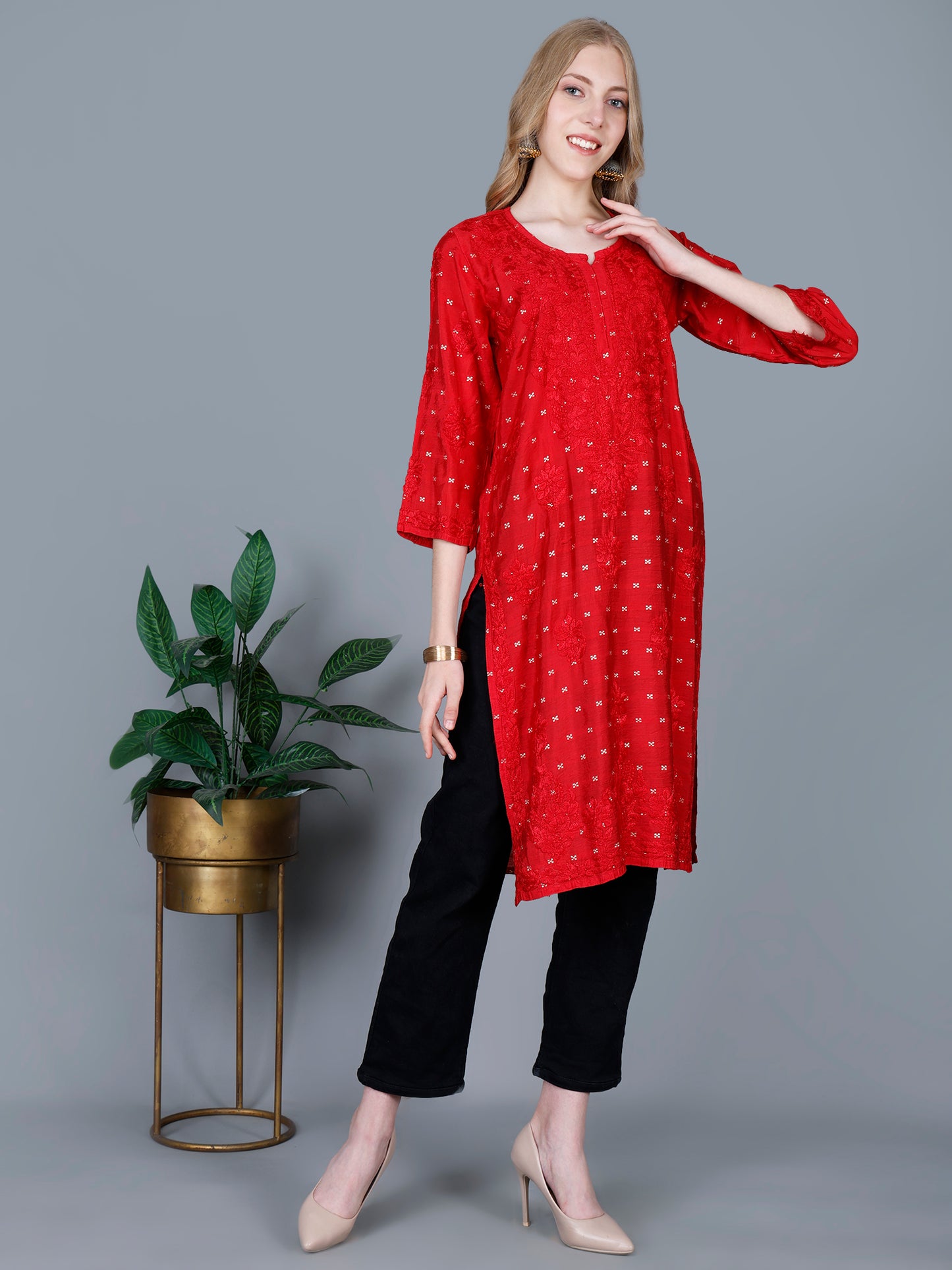 The Chikankari Story Women’s Lucknowi Hand-Embroidered Chanderi Long Kurti  – Available in Red, Yellow, Brick,Blue, Purple, Black & Peach.