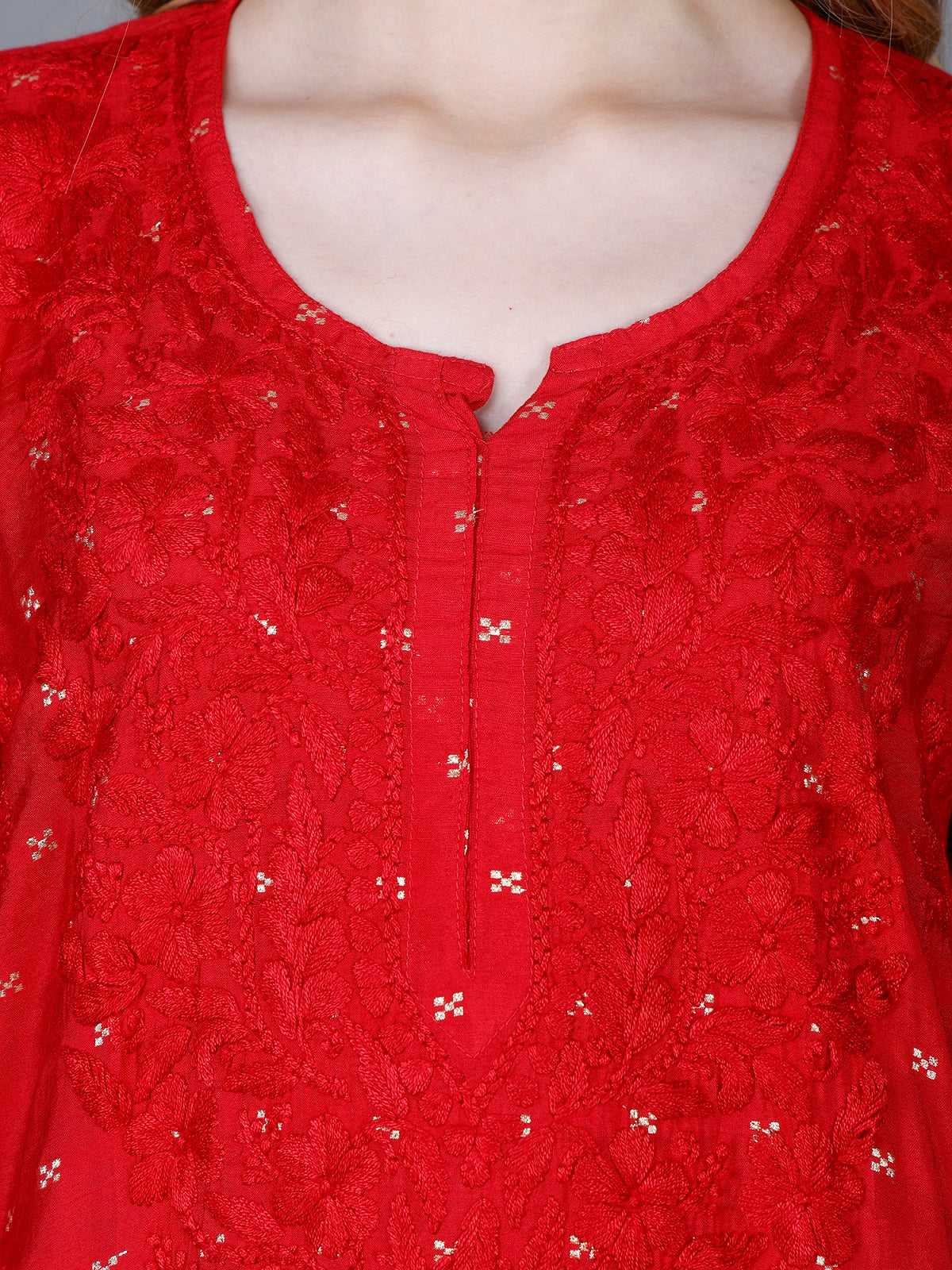 The Chikankari Story Women’s Lucknowi Hand-Embroidered Chanderi Long Kurti  – Available in Red, Yellow, Brick,Blue, Purple, Black & Peach.