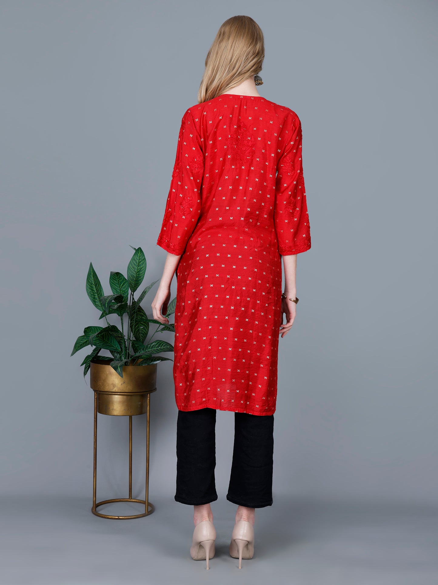 The Chikankari Story Women’s Lucknowi Hand-Embroidered Chanderi Long Kurti  – Available in Red, Yellow, Brick,Blue, Purple, Black & Peach.