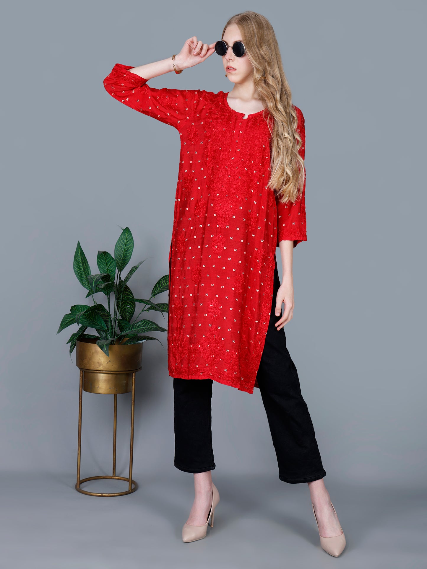 The Chikankari Story Women’s Lucknowi Hand-Embroidered Chanderi Long Kurti  – Available in Red, Yellow, Brick,Blue, Purple, Black & Peach.