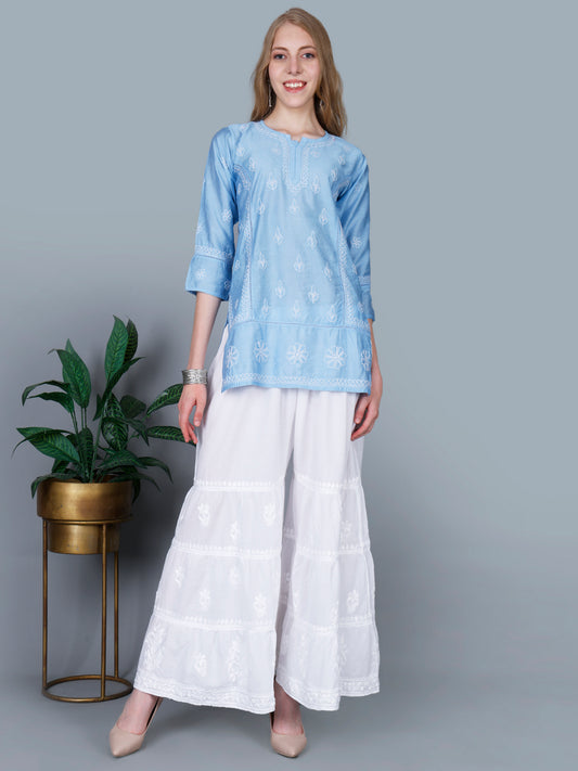 The Chikankari Story Women’s Lucknowi Hand-Embroidered Chanderi Kurti with Crochet Lace Partition – Available in Red, Yellow, Powder Blue, Purple, Brown & Pink