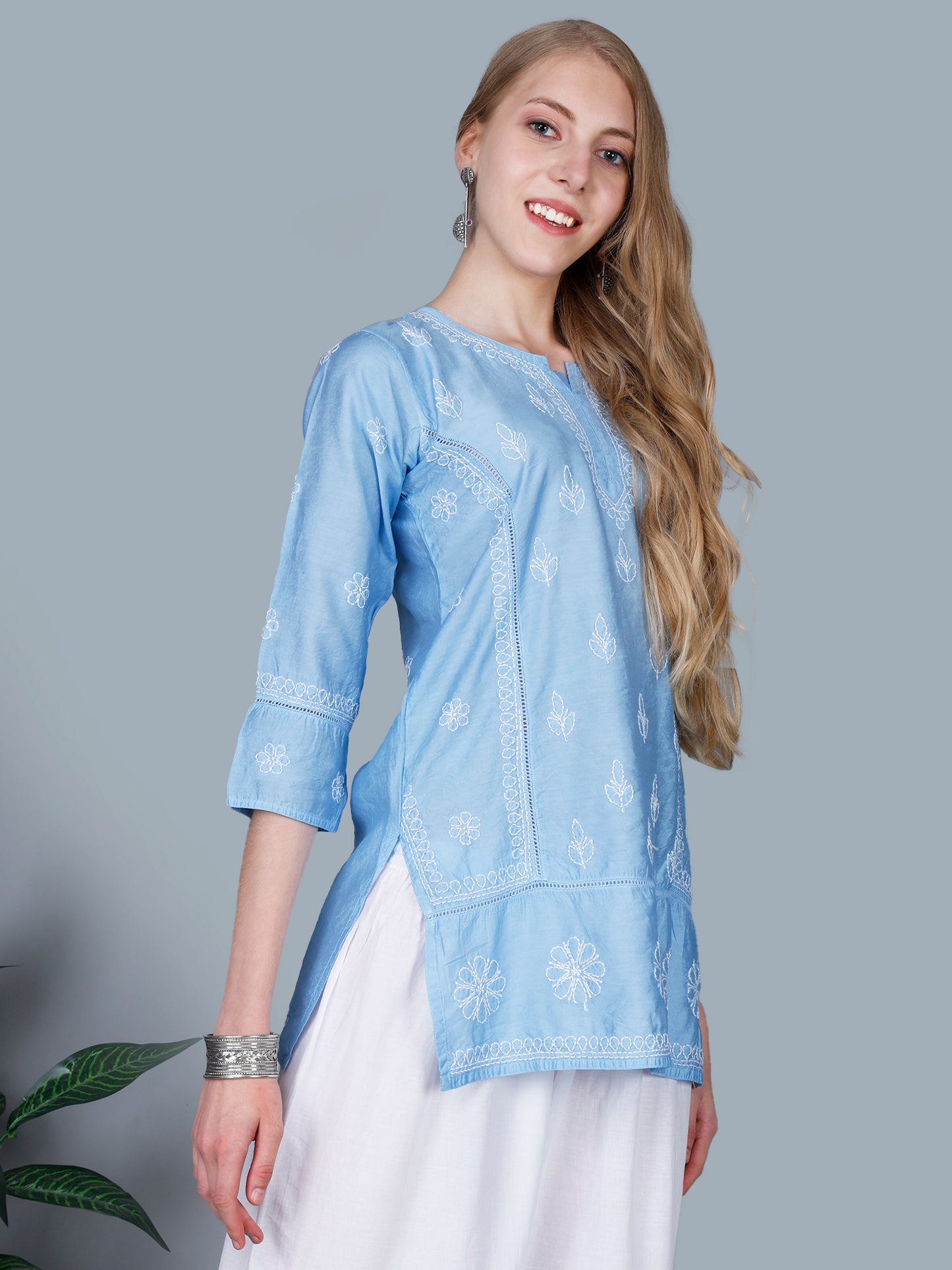 The Chikankari Story Women’s Lucknowi Hand-Embroidered Chanderi Kurti with Crochet Lace Partition – Available in Red, Yellow, Powder Blue, Purple, Brown & Pink