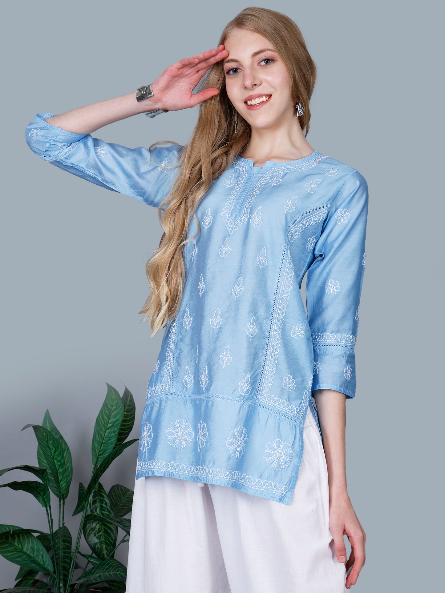 The Chikankari Story Women’s Lucknowi Hand-Embroidered Chanderi Kurti with Crochet Lace Partition – Available in Red, Yellow, Powder Blue, Purple, Brown & Pink