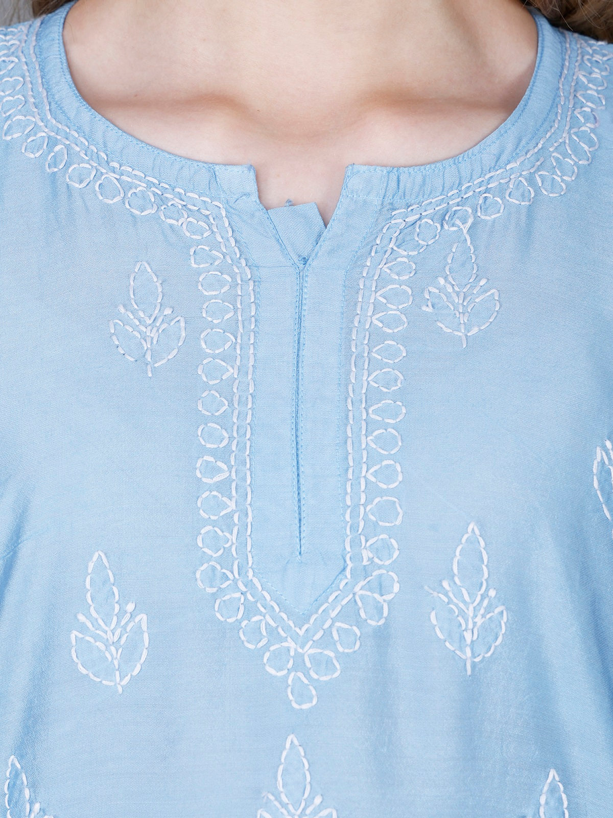 The Chikankari Story Women’s Lucknowi Hand-Embroidered Chanderi Kurti with Crochet Lace Partition – Available in Red, Yellow, Powder Blue, Purple, Brown & Pink