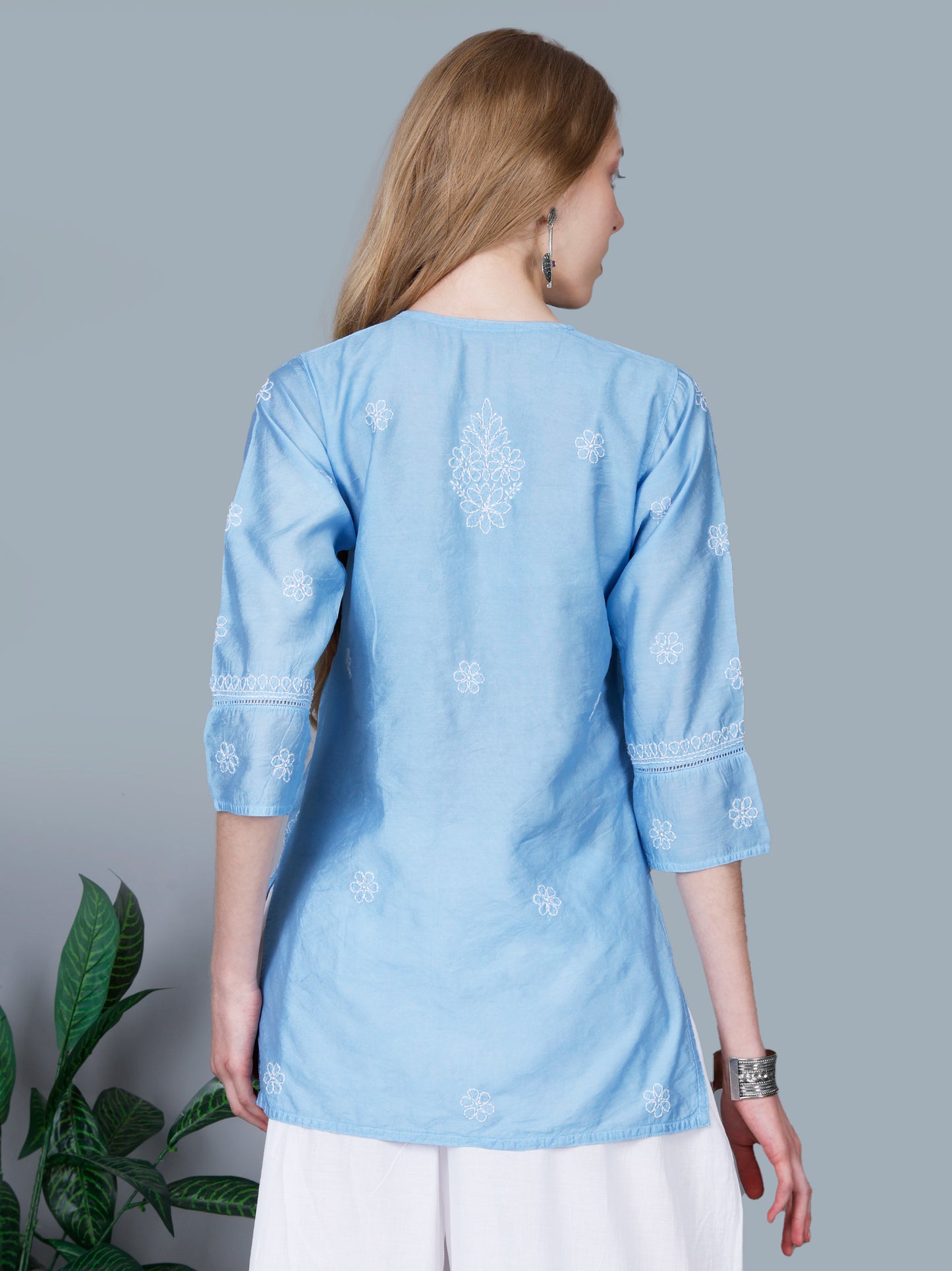 The Chikankari Story Women’s Lucknowi Hand-Embroidered Chanderi Kurti with Crochet Lace Partition – Available in Red, Yellow, Powder Blue, Purple, Brown & Pink