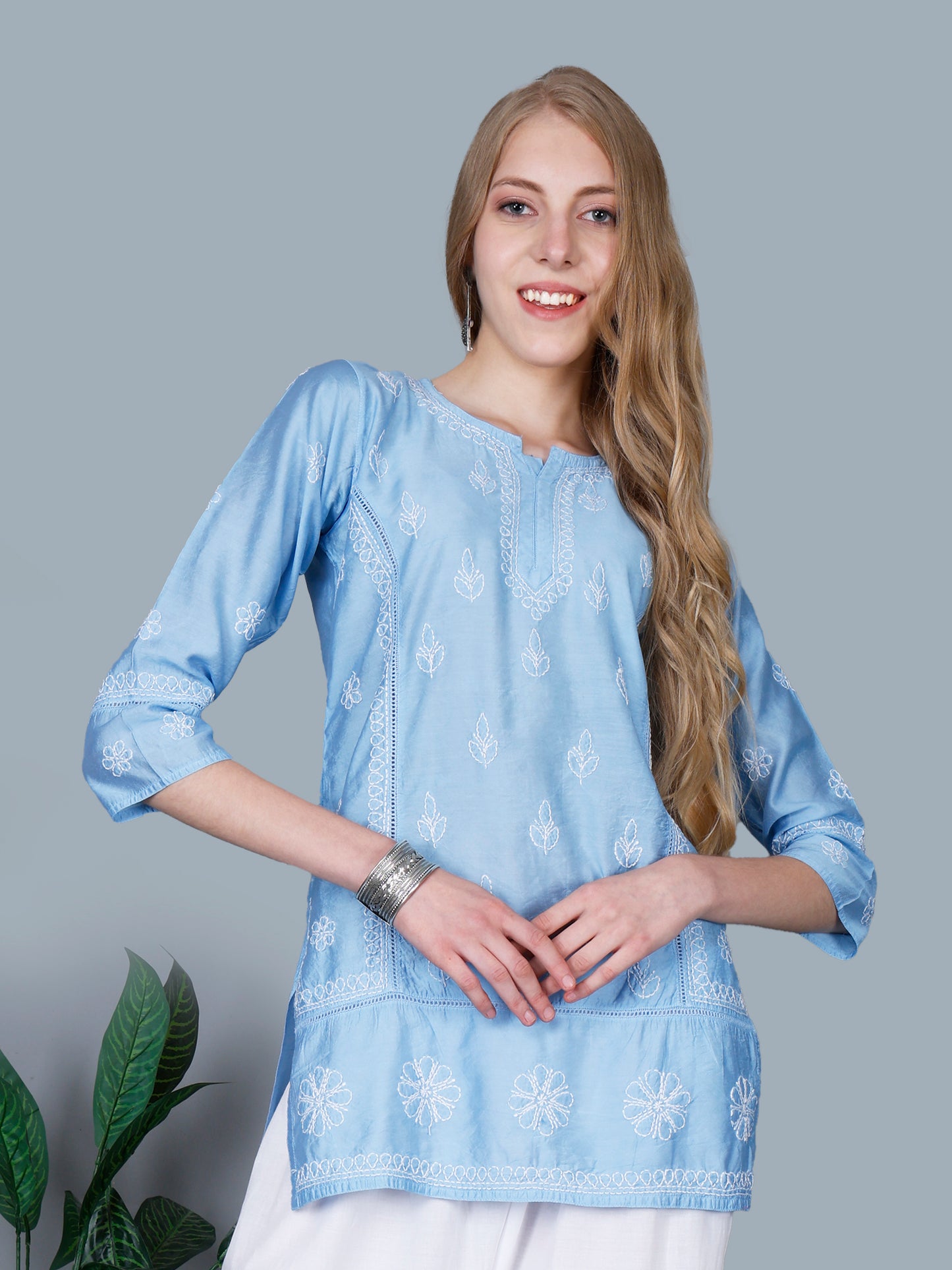 The Chikankari Story Women’s Lucknowi Hand-Embroidered Chanderi Kurti with Crochet Lace Partition – Available in Red, Yellow, Powder Blue, Purple, Brown & Pink