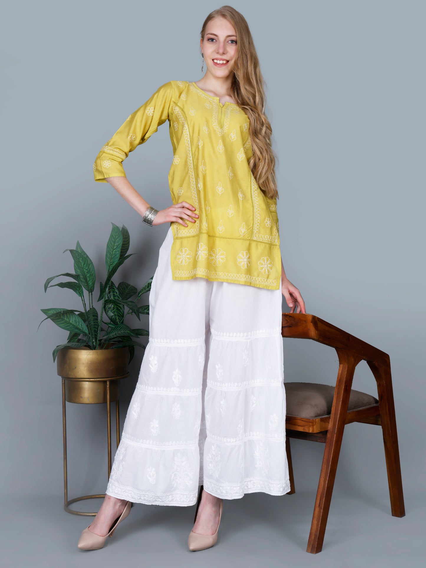 The Chikankari Story Women’s Lucknowi Hand-Embroidered Chanderi Kurti with Crochet Lace Partition – Available in Red, Yellow, Powder Blue, Purple, Brown & Pink