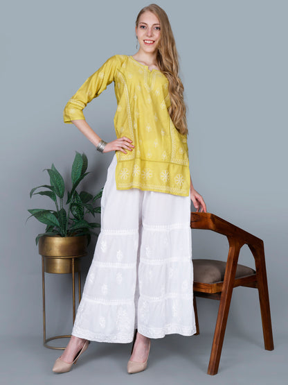 The Chikankari Story Women’s Lucknowi Hand-Embroidered Chanderi Kurti with Crochet Lace Partition – Available in Red, Yellow, Powder Blue, Purple, Brown & Pink
