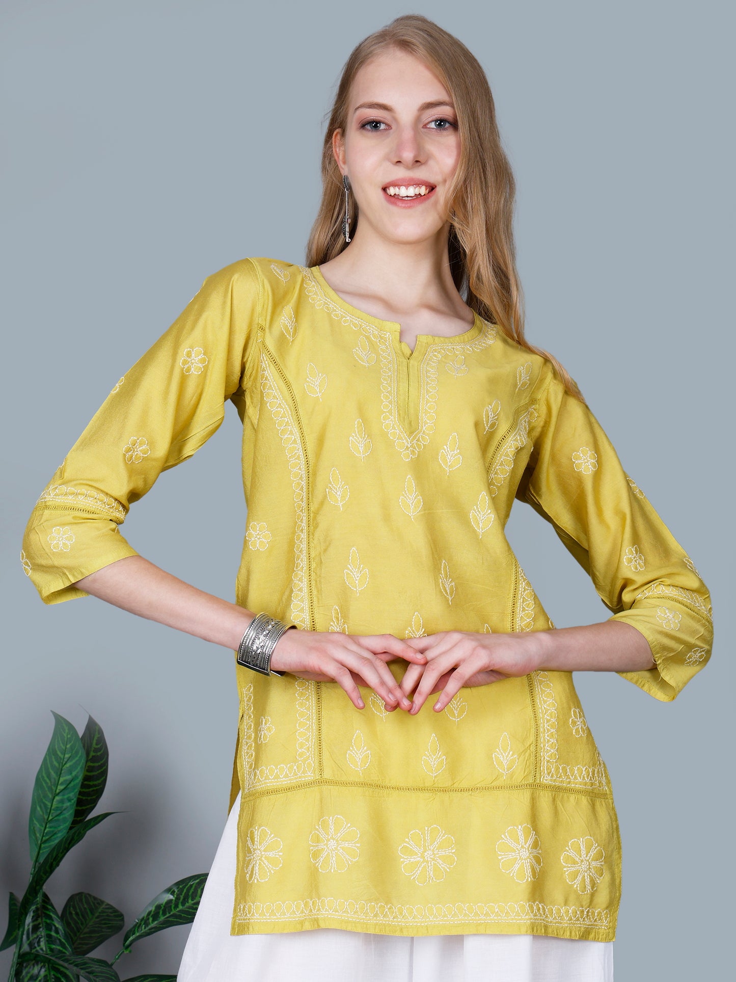 The Chikankari Story Women’s Lucknowi Hand-Embroidered Chanderi Kurti with Crochet Lace Partition – Available in Red, Yellow, Powder Blue, Purple, Brown & Pink