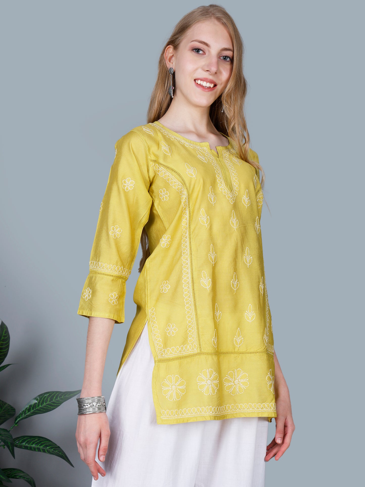 The Chikankari Story Women’s Lucknowi Hand-Embroidered Chanderi Kurti with Crochet Lace Partition – Available in Red, Yellow, Powder Blue, Purple, Brown & Pink