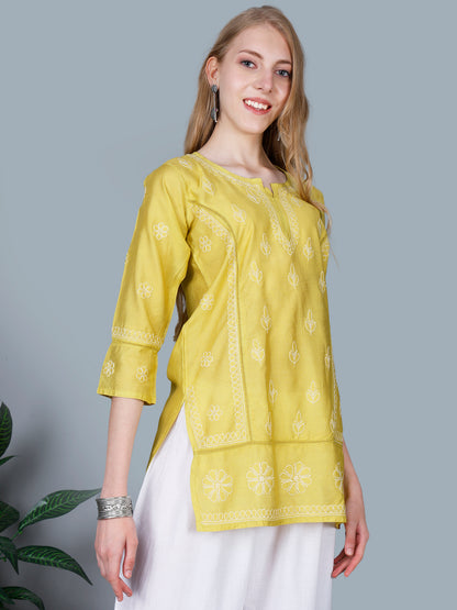 The Chikankari Story Women’s Lucknowi Hand-Embroidered Chanderi Kurti with Crochet Lace Partition – Available in Red, Yellow, Powder Blue, Purple, Brown & Pink