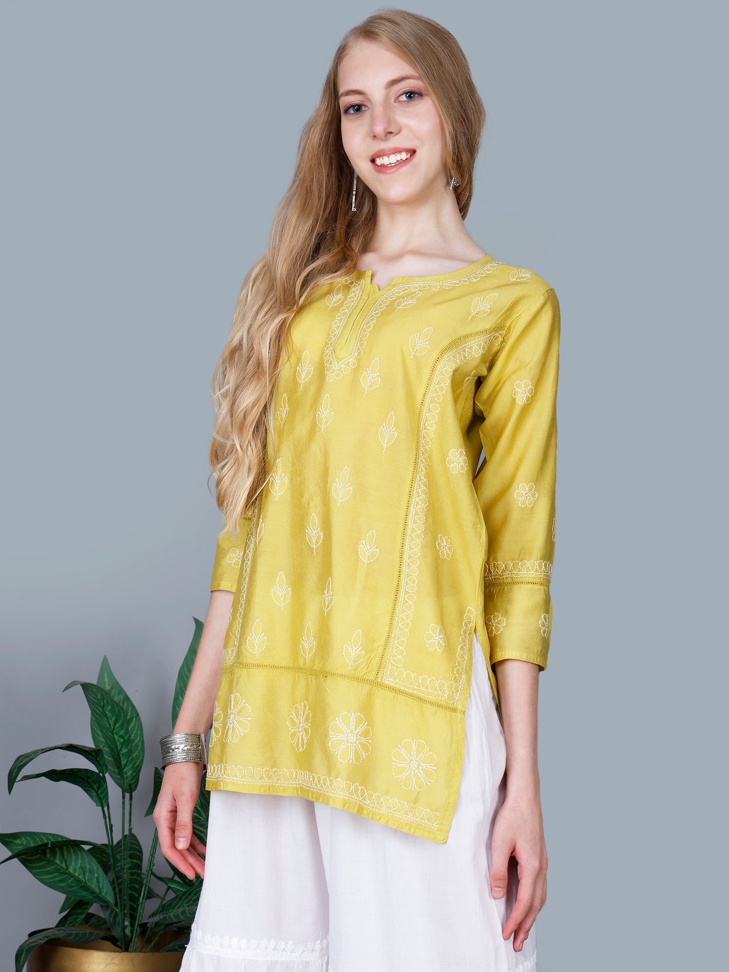 The Chikankari Story Women’s Lucknowi Hand-Embroidered Chanderi Kurti with Crochet Lace Partition – Available in Red, Yellow, Powder Blue, Purple, Brown & Pink
