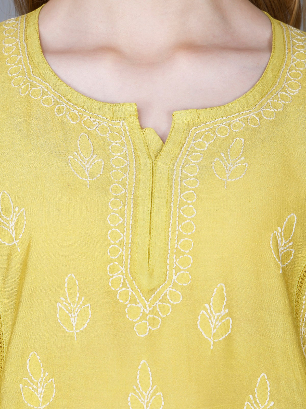 The Chikankari Story Women’s Lucknowi Hand-Embroidered Chanderi Kurti with Crochet Lace Partition – Available in Red, Yellow, Powder Blue, Purple, Brown & Pink