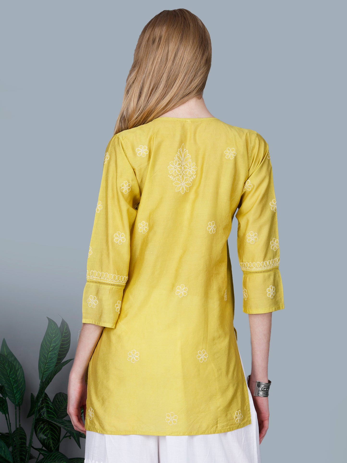 The Chikankari Story Women’s Lucknowi Hand-Embroidered Chanderi Kurti with Crochet Lace Partition – Available in Red, Yellow, Powder Blue, Purple, Brown & Pink