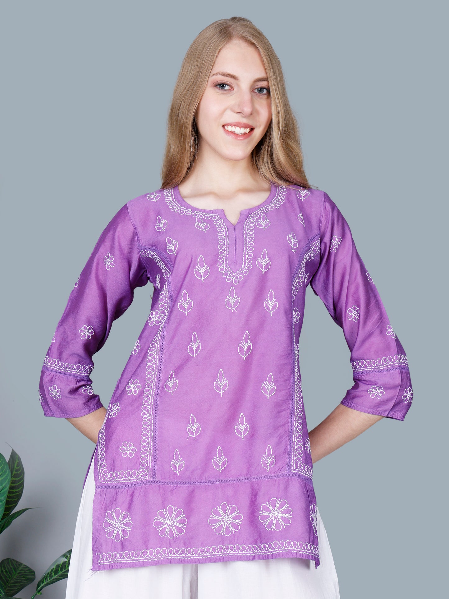 The Chikankari Story Women’s Lucknowi Hand-Embroidered Chanderi Kurti with Crochet Lace Partition – Available in Red, Yellow, Powder Blue, Purple, Brown & Pink