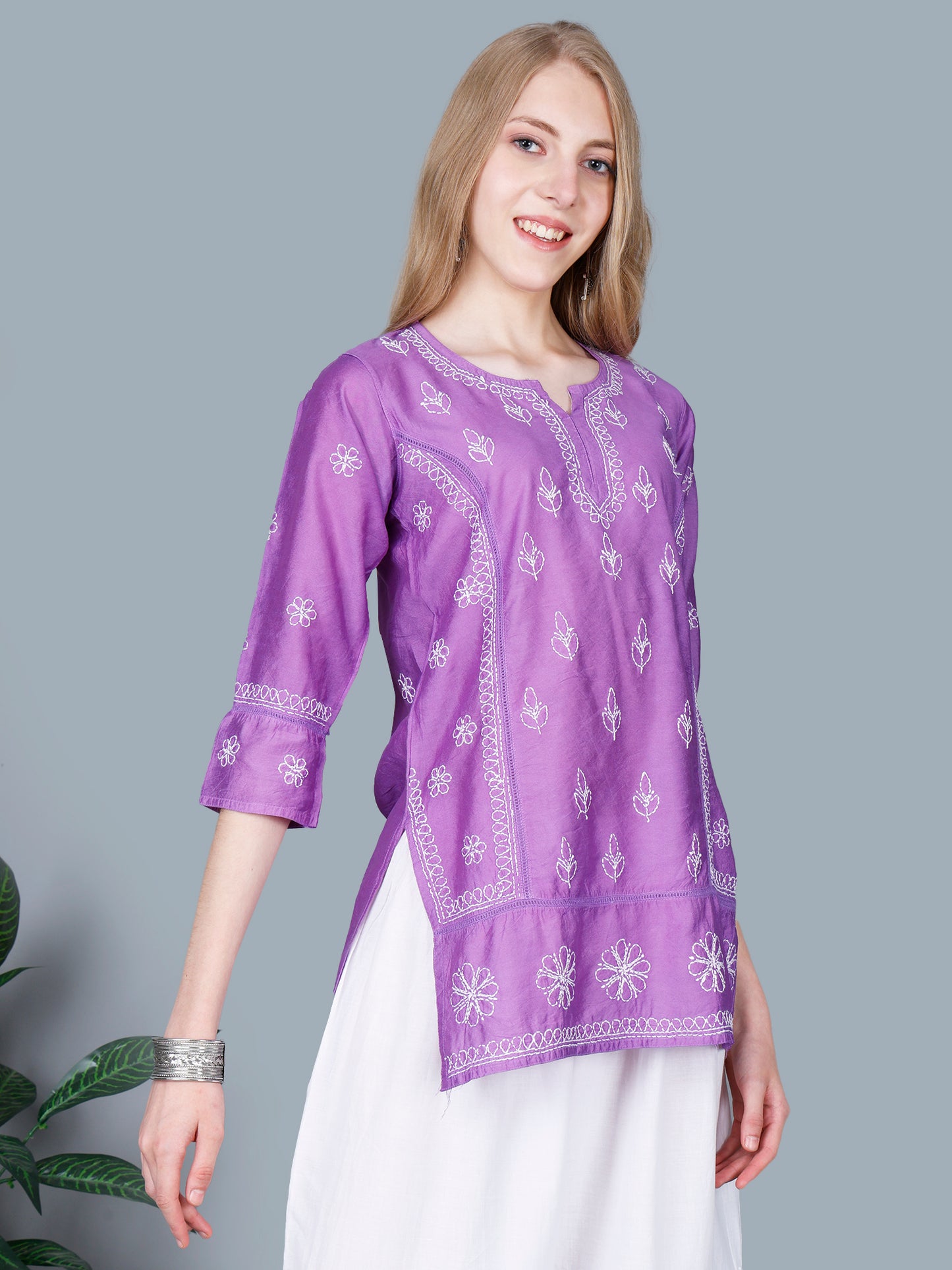 The Chikankari Story Women’s Lucknowi Hand-Embroidered Chanderi Kurti with Crochet Lace Partition – Available in Red, Yellow, Powder Blue, Purple, Brown & Pink
