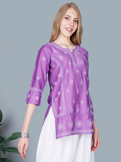 The Chikankari Story Women’s Lucknowi Hand-Embroidered Chanderi Kurti with Crochet Lace Partition – Available in Red, Yellow, Powder Blue, Purple, Brown & Pink