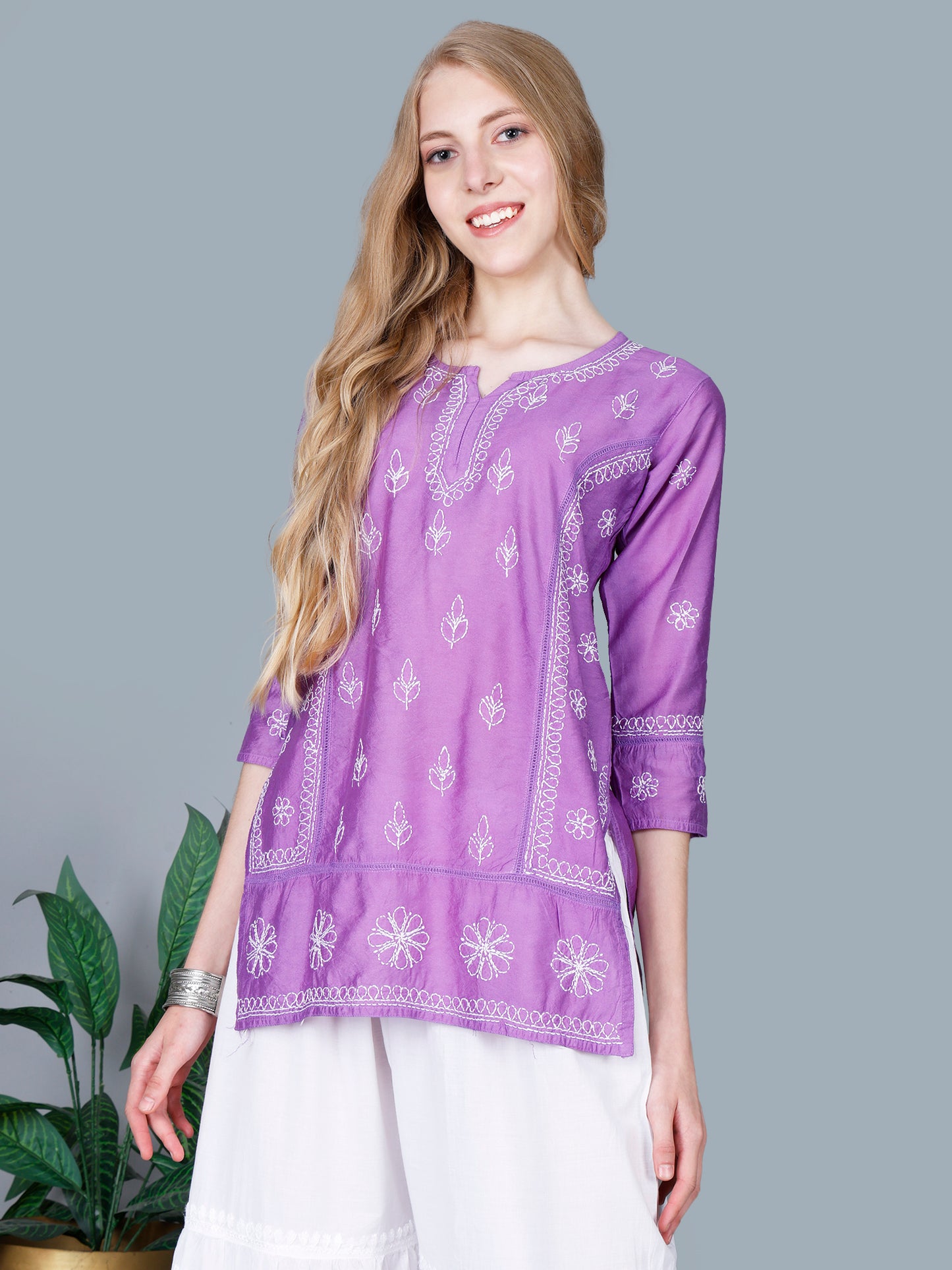 The Chikankari Story Women’s Lucknowi Hand-Embroidered Chanderi Kurti with Crochet Lace Partition – Available in Red, Yellow, Powder Blue, Purple, Brown & Pink