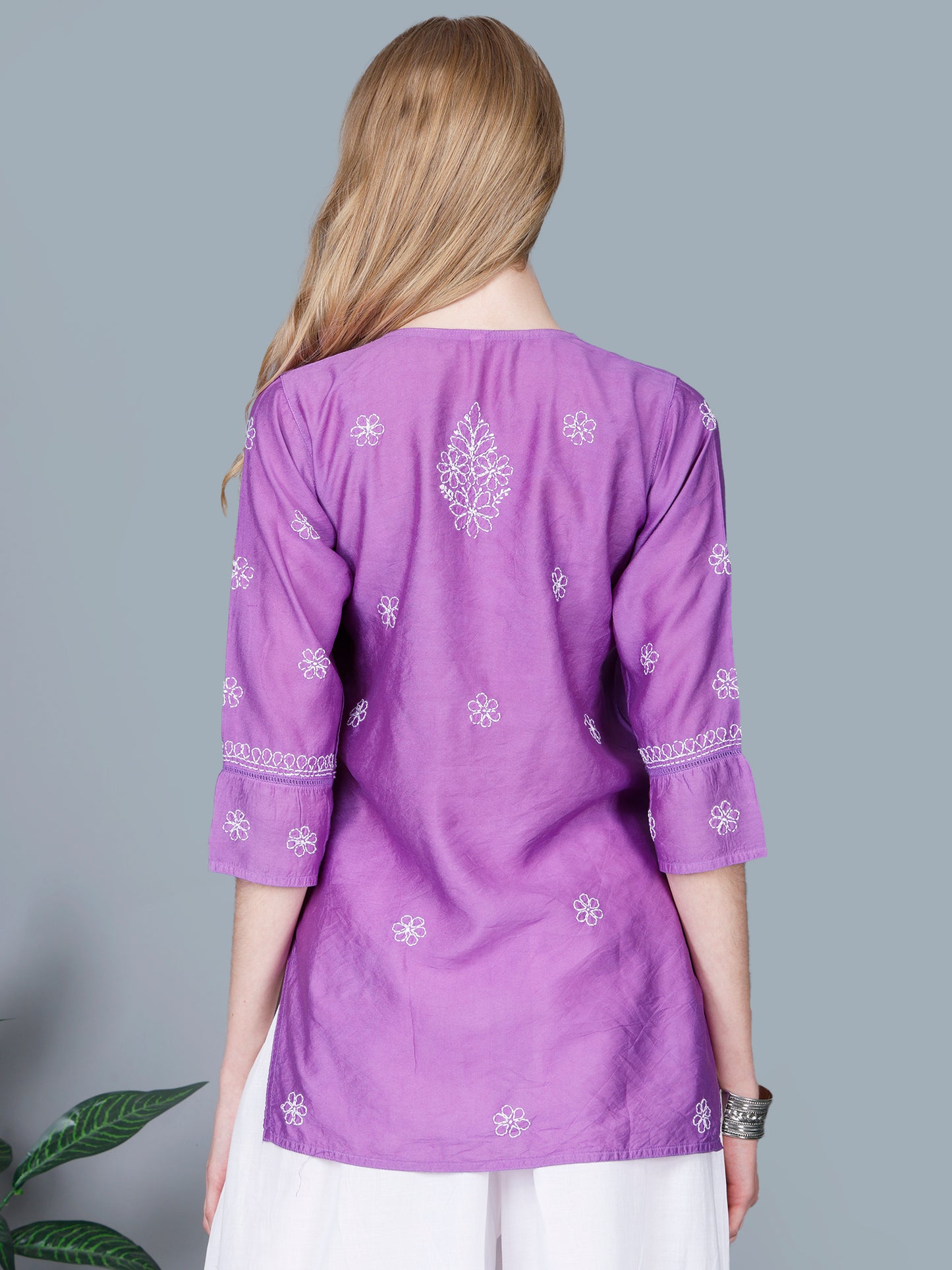 The Chikankari Story Women’s Lucknowi Hand-Embroidered Chanderi Kurti with Crochet Lace Partition – Available in Red, Yellow, Powder Blue, Purple, Brown & Pink