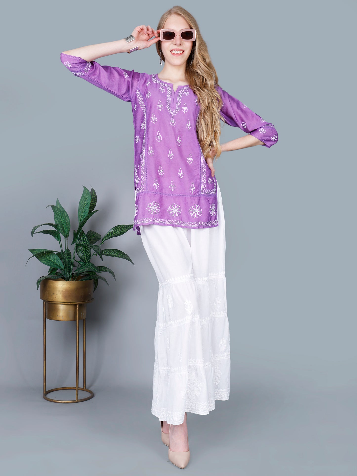 The Chikankari Story Women’s Lucknowi Hand-Embroidered Chanderi Kurti with Crochet Lace Partition – Available in Red, Yellow, Powder Blue, Purple, Brown & Pink