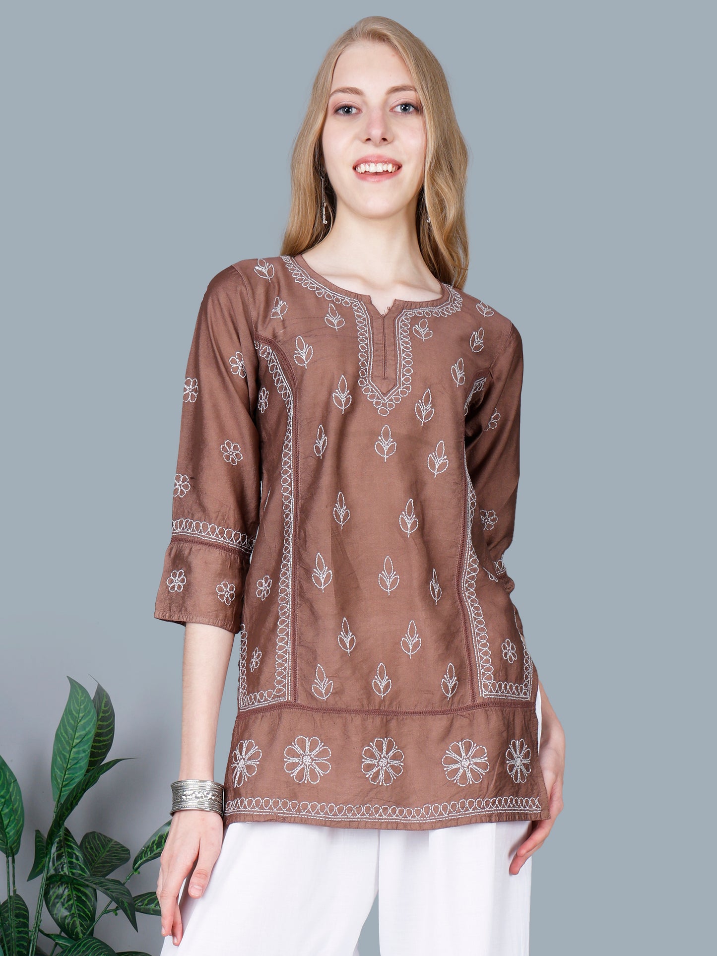The Chikankari Story Women’s Lucknowi Hand-Embroidered Chanderi Kurti with Crochet Lace Partition – Available in Red, Yellow, Powder Blue, Purple, Brown & Pink