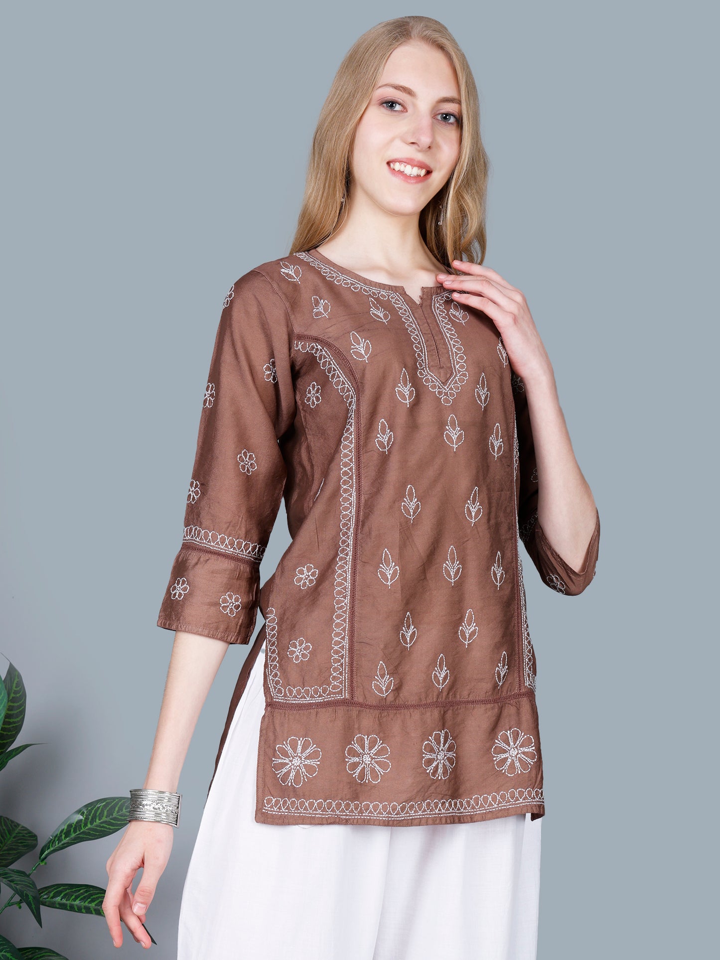 The Chikankari Story Women’s Lucknowi Hand-Embroidered Chanderi Kurti with Crochet Lace Partition – Available in Red, Yellow, Powder Blue, Purple, Brown & Pink