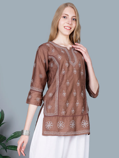 The Chikankari Story Women’s Lucknowi Hand-Embroidered Chanderi Kurti with Crochet Lace Partition – Available in Red, Yellow, Powder Blue, Purple, Brown & Pink